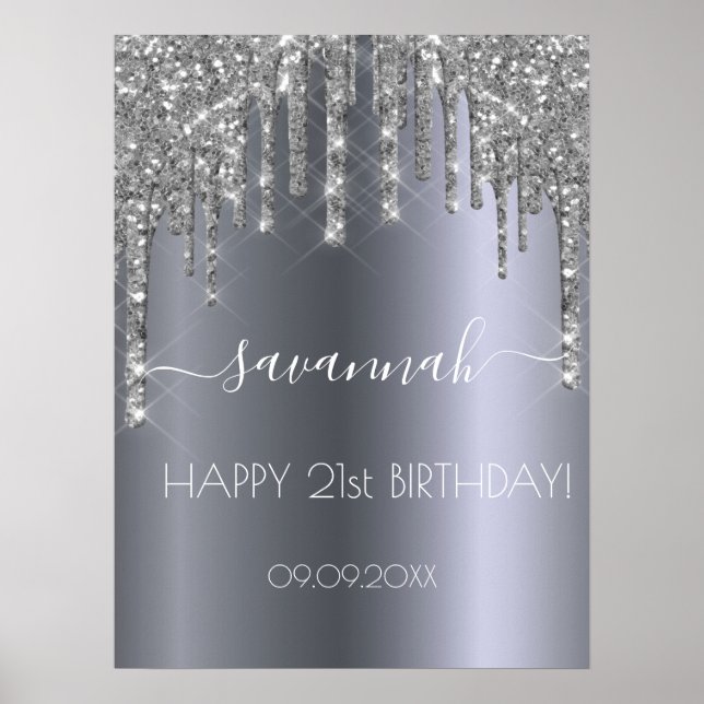 Birthday party silver glitter drips sparkle name poster (Front)