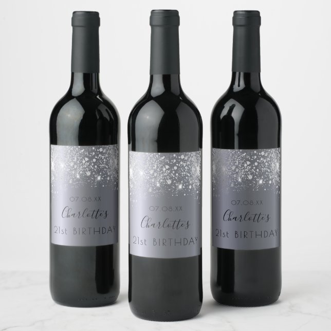 Birthday party silver glitter dust monogram  wine label (Bottles)