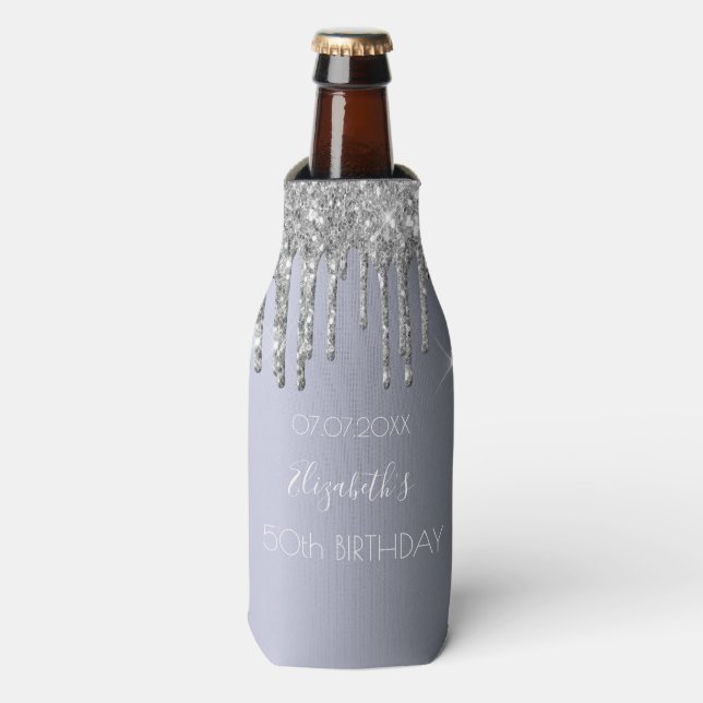 Birthday party silver glitter mame sparkle bottle cooler (Bottle Front)