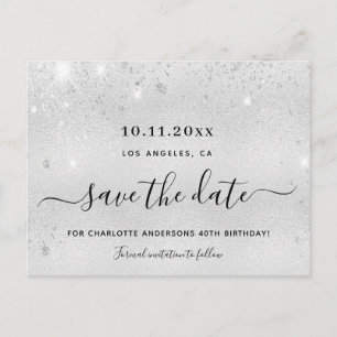 Birthday party silver glitter metal save the date announcement postcard