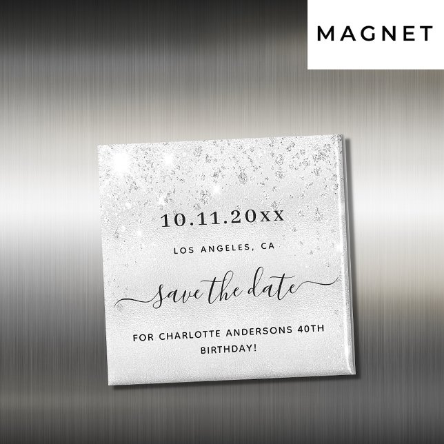 Birthday party silver glitter metal save the date magnet (Creator Uploaded)