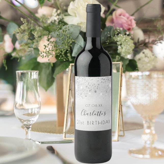 Birthday party silver glitter monogram wine label (Creator Uploaded)