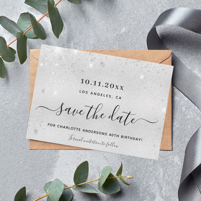 Birthday party silver glitter save the date  (Creator Uploaded)
