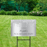 Birthday party silver glitter sparkle drive-by garden sign<br><div class="desc">An outdoor sign celebrating a 50th (or any age)milestone birthday. A faux silver metallic looking background with an elegant faux silver glitter drips,  paint dripping look. The text: Personalize and add a name written in black with a modern hand lettered style script. Templates for a date and age 50</div>