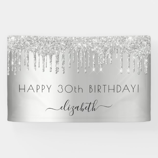 Birthday party silver glitter sparkle name banner (Horizontal)
