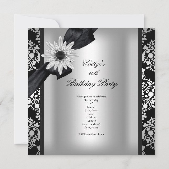 Birthday Party Silver Grey Black Damask Flower Invitation (Front)