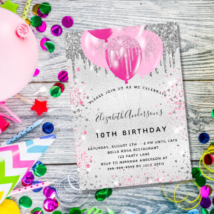 Birthday party silver pink drips balloons girl invitation postcard