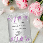 Birthday party silver purple glitter drips invitation<br><div class="desc">A modern,  stylish and glamourous invitation for a woman's 30th (or any age) birthday party.  A faux silver looking background with purple faux glitter drip,  paint dripping look. The name is written with a black modern hand lettered style script.  Personalize and add a name,  age and party details.</div>