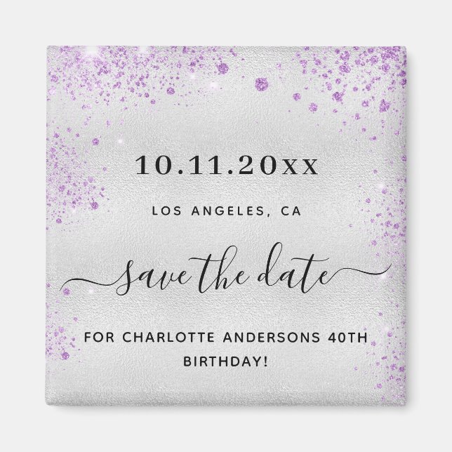 Birthday party silver purple glitter save the date magnet (Front)