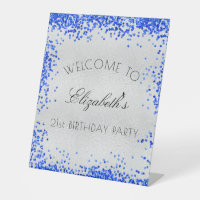 Birthday party silver royal blue confetti welcome