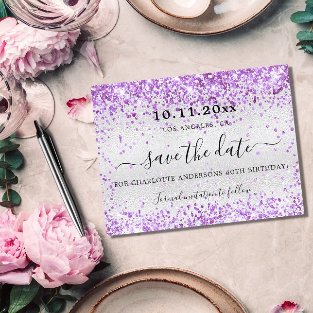 Birthday party silver violet glitter save the date announcement postcard (Creator Uploaded)