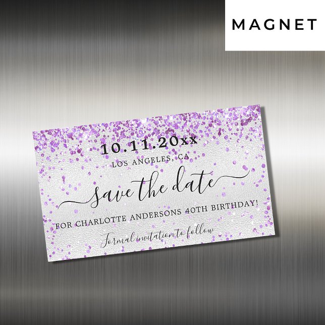 Birthday party silver violet save the date magnet (Creator Uploaded)