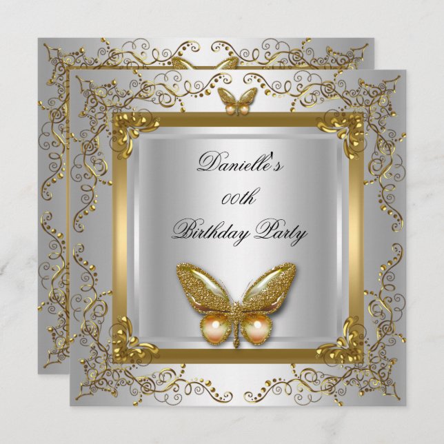 Birthday Party Silver White Gold Butterfly Invitation (Front/Back)