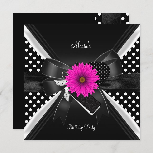 Birthday Party Spot Polka Dot  Black White Pink Invitation (Front/Back)