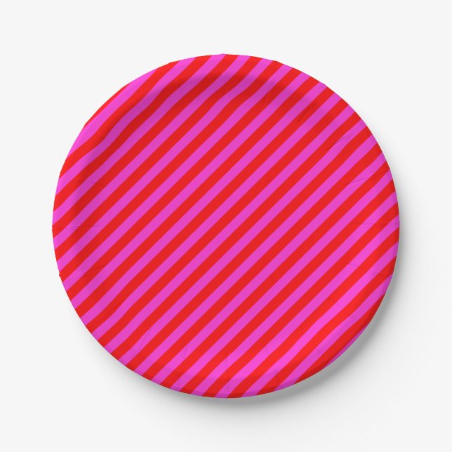 Birthday party stripes pink red pattern paper plate (Front)
