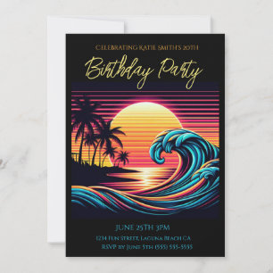 Birthday Party-Sunset Retro Surf Wave Invitation