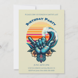 Birthday Party- Surfing a Big Wave-Hand Symbol- Invitation