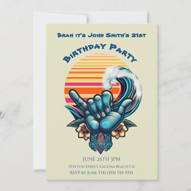 Birthday Party- Surfing a Big Wave-Hand Symbol- Invitation (Front)