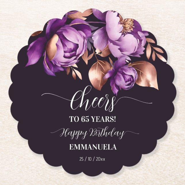  Birthday party tableware purple peonies template Paper Coaster (Front)