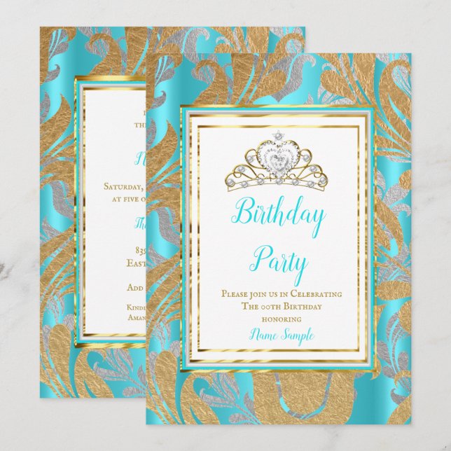 Birthday Party Teal Blue Gold Damask Grey Tiara Invitation (Front/Back)