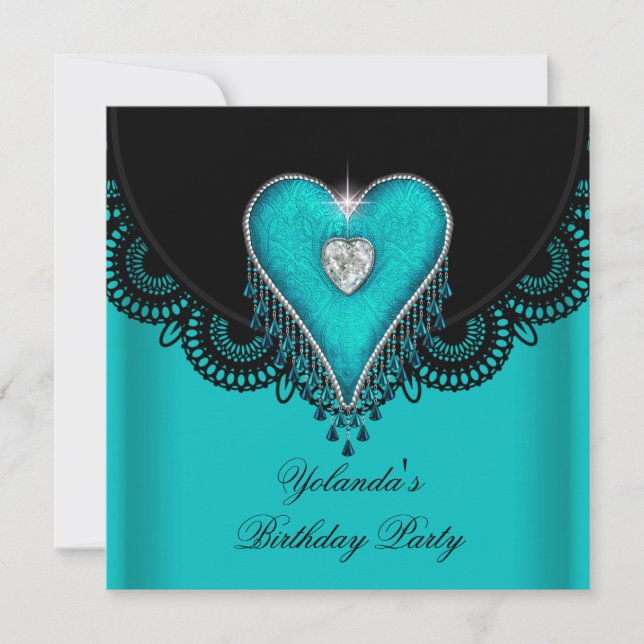 Birthday Party Teal Blue Heart Black Lace Invitation (Front)