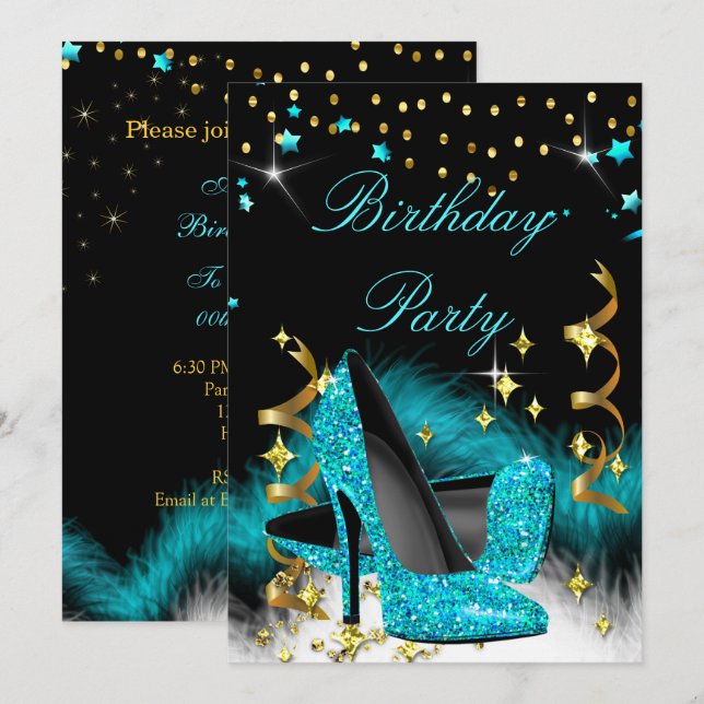 Birthday Party Teal Blue High Heels Sparkle Invitation (Front/Back)