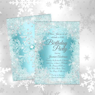 Birthday Party Teal blue Silver Winter Wonderland Invitation