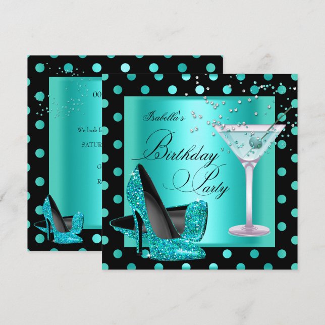 Birthday Party Teal Blue Turquoise Black Invitation (Front/Back)