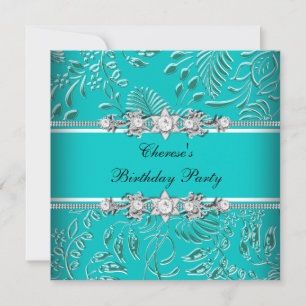 Birthday Party Teal Blue White Damask Floral Invitation