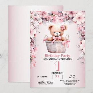 Birthday Party Teddy Bear Baby Girl Pink Flowers Invitation