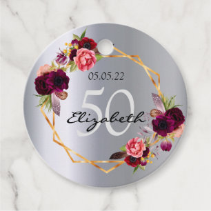 Birthday party Thank You burgundy florals silver Favour Tags