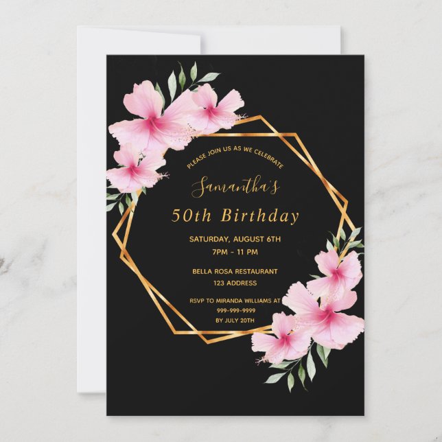 Birthday party tropical geometric black gold invitation (Front)