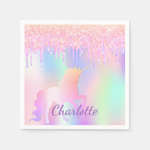 Birthday party unicorn glitter name holographic napkin