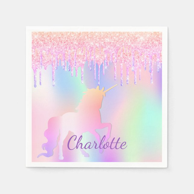 Birthday party unicorn glitter name holographic napkin (Front)