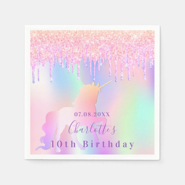 Birthday party unicorn holographic pink drips napkin (Front)