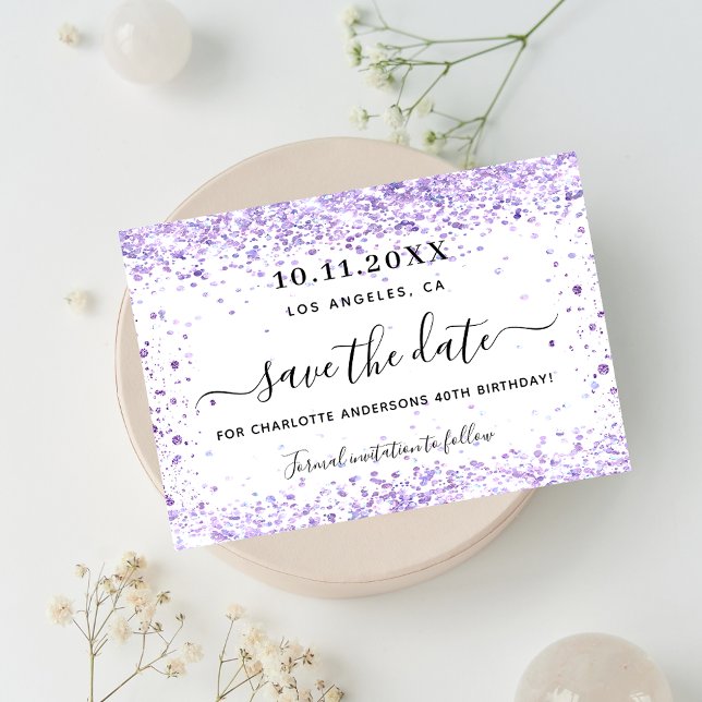 Birthday party violet confetti white save the date (Creator Uploaded)