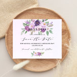 Birthday party violet flowers budget save the date<br><div class="desc">A modern and elegant Save the Date for a milestone birthday celebration. Watercolored violet, lavender background, black text. Decorated with violet and purple flowers. Personalize and add a date and name. The text: Save the Date is written with a large trendy hand lettered style script. 1 sheet = 1 save...</div>