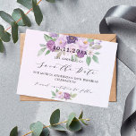 Birthday party violet flowers save the date<br><div class="desc">A modern and elegant Save the Date for a milestone birthday celebration. Watercolored violet,  lavender background,  black text. Decorated with violet and purple flowers. Personalize and add a date and name. The text: Save the Date is written with a large trendy hand lettered style script.</div>