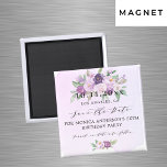 Birthday party violet flowers save the date magnet<br><div class="desc">A modern and elegant Save the Date magnet for your milestone birthday celebration. Watercolored violet,  lavender background,  black text. Decorated with violet and purple flowers. Personalize and add a date and name. The text: Save the Date is written with a large trendy hand lettered style script.</div>