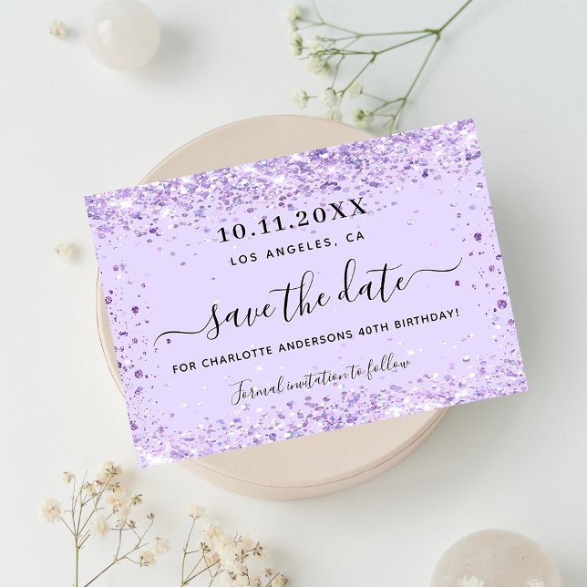 Birthday party violet glitter save the date (Creator Uploaded)