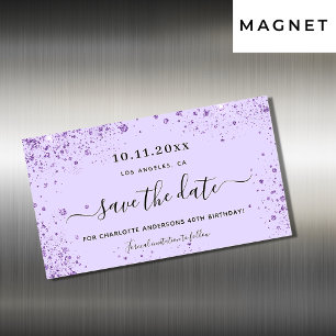 Birthday party violet glitter save the date magnet