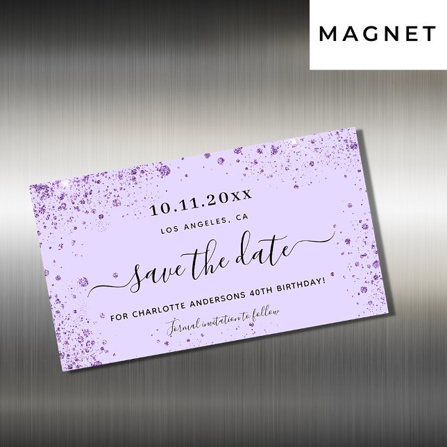 Birthday party violet glitter save the date magnet (Creator Uploaded)