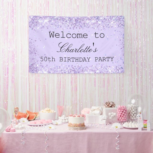 Birthday party violet lavender glitter name banner (Party)