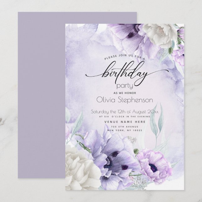 Birthday Party Watercolor Lilac Poppy Invitation (Front/Back)
