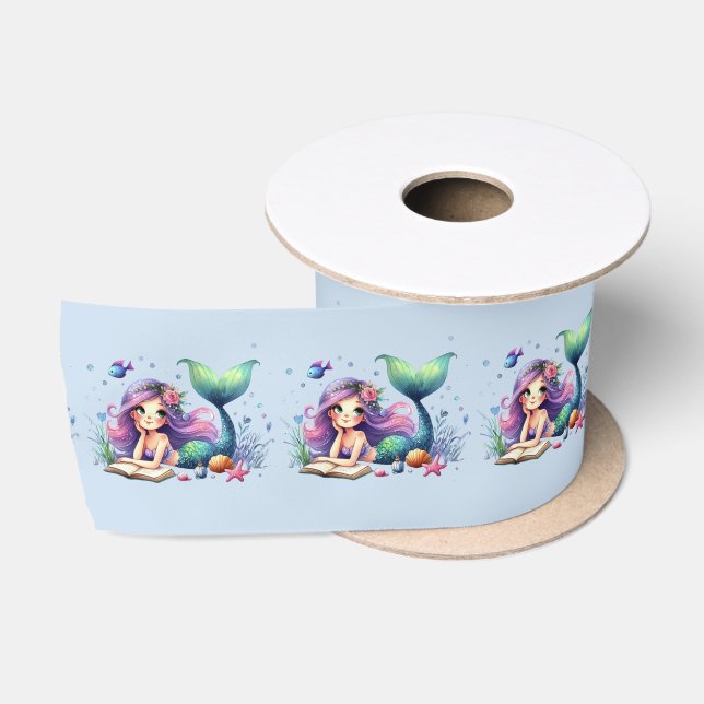 Birthday Party Watercolor Mermaid Sea Life Cute Satin Ribbon (Spool)
