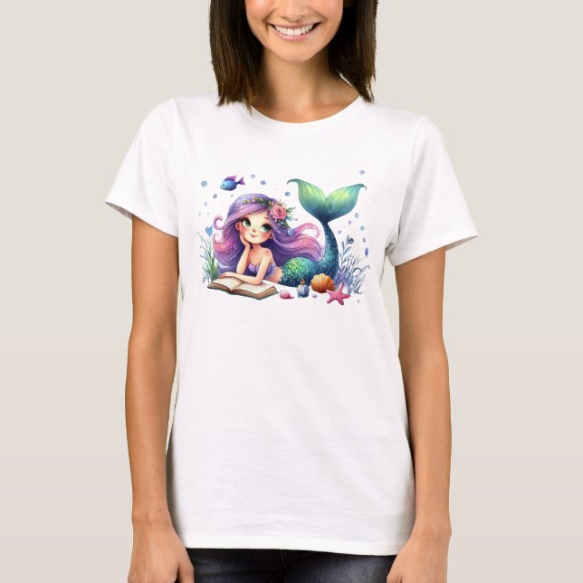 Birthday Party Watercolor Mermaid Sea Life Cute T-Shirt (Front)