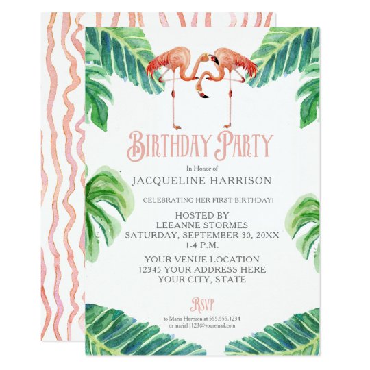 Birthday Party Watercolor Pink Flamingo Leaves Card