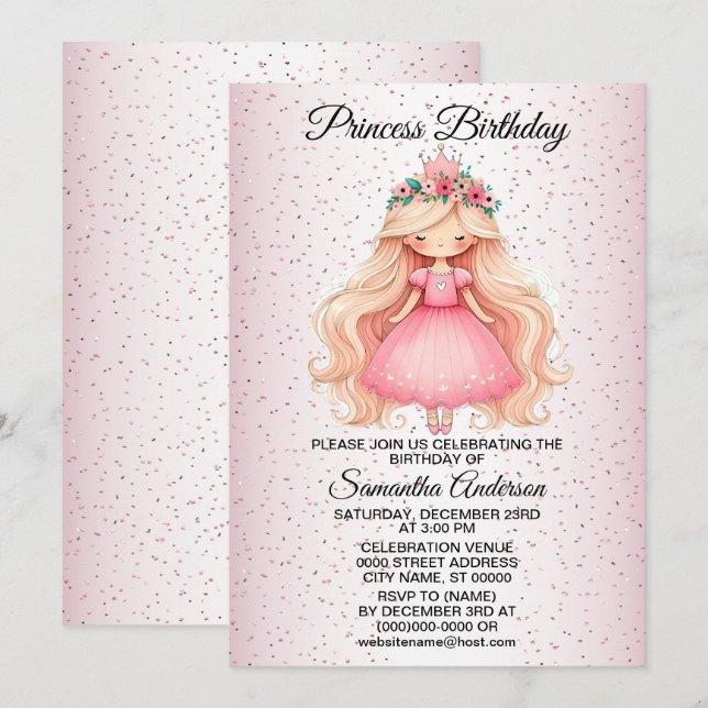 Birthday Party Watercolor Pink Princess Cute Invitation (Front/Back)