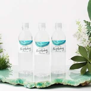 Birthday Party Watercolor Teal & Gold Agate Geode Water Bottle Label