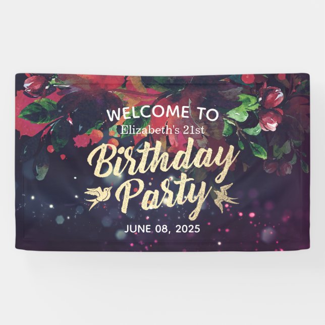 Birthday Party Welcome Marsala Floral Purple Light Banner (Horizontal)